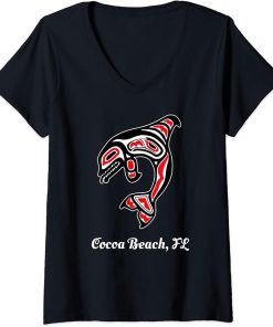 Womens Native American Cocoa Beach Florida Red Orca Killer Whale V-Neck T-Shirt