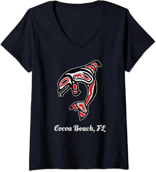 Womens Native American Cocoa Beach Florida Red Orca Killer Whale V-Neck T-Shirt