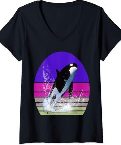 Womens Orca Family Vintage Retro Art, Killer Whale Family V-Neck T-Shirt