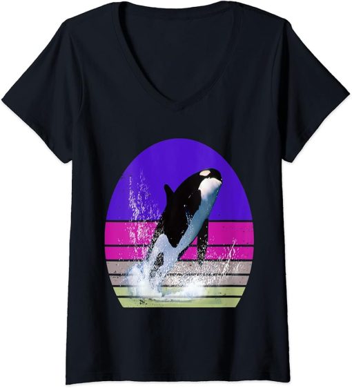 Womens Orca Family Vintage Retro Art, Killer Whale Family V-Neck T-Shirt