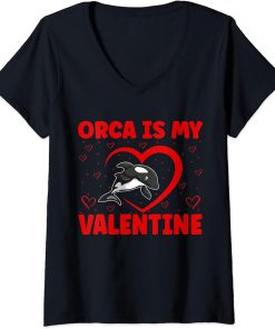 Womens Orca Is My Valentine Heart Shape Orca Fish Valentine V-Neck T-Shirt