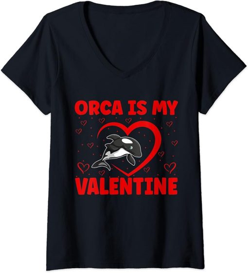 Womens Orca Is My Valentine Heart Shape Orca Fish Valentine V-Neck T-Shirt